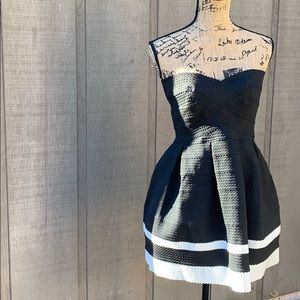 Black with white stripe dress. Strapless